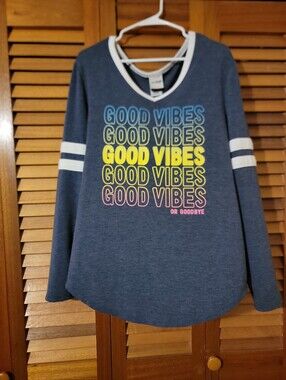 Good Vibes Navy Graphic V-Neck Long Sleeve Top 3X It Fits Like a 1X